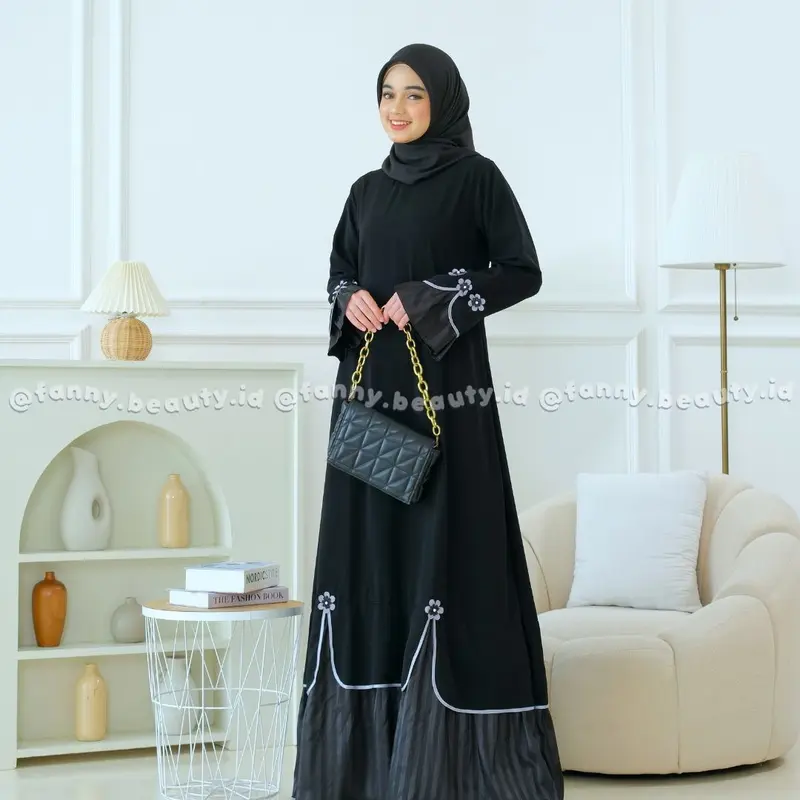 Yesha Flowers Abaya by fanny.beauty.id  Kombinasi Satin Polos  Mewah  Dress  Gamis  Wanita Muslim Bunga  Cantik 3