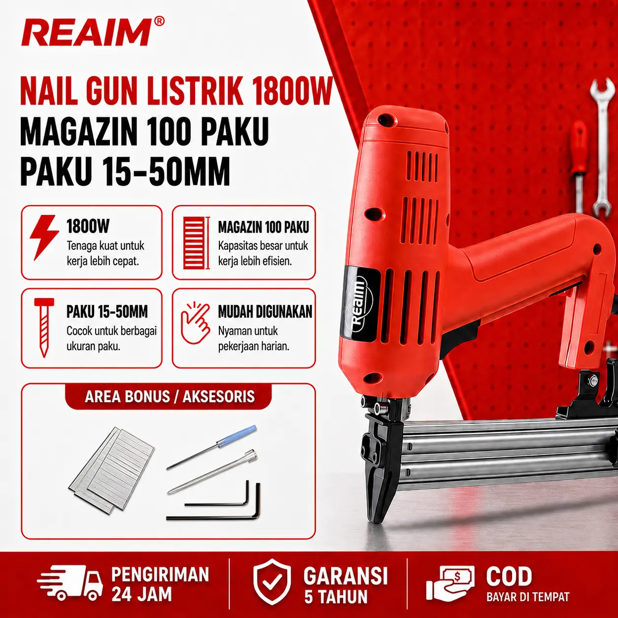 REAIM Electric Nailer F30 Mesin Paku Tembak Listrik 1800W Stapler Tembak Listrik 15-50mm Alat Paku Tembak Elektrik Kapasitas 100 Paku Plug and Play