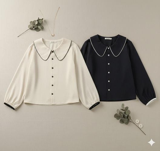 Blouse Wanita All Size Fit L Bahan Moscrepe Lengan Panjang Korean Style Baju Atasan Remaja Dewasa Warna Navy & Crem Ukuran Reguler 65 Cm