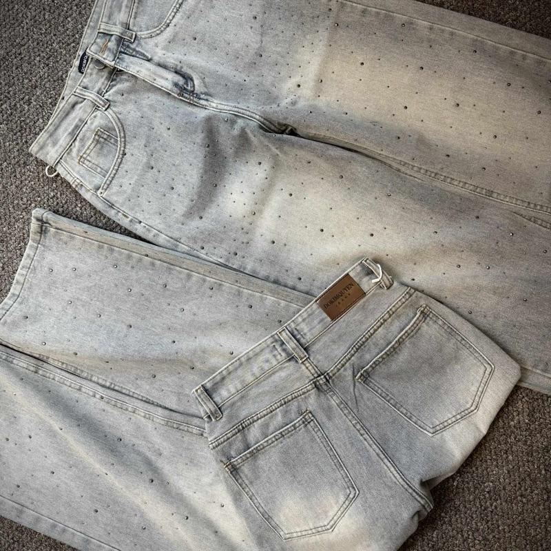 Quần jeans nữ ống suông vải Qc phối đính đá kiểu Q1569