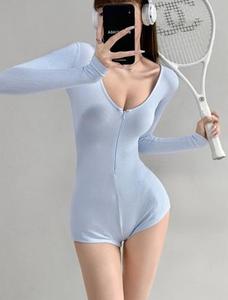 ชุดโยคะ แขนยาว ผ้ายืดหยุ่น มีซิปด้านหน้า บอดี้สูท