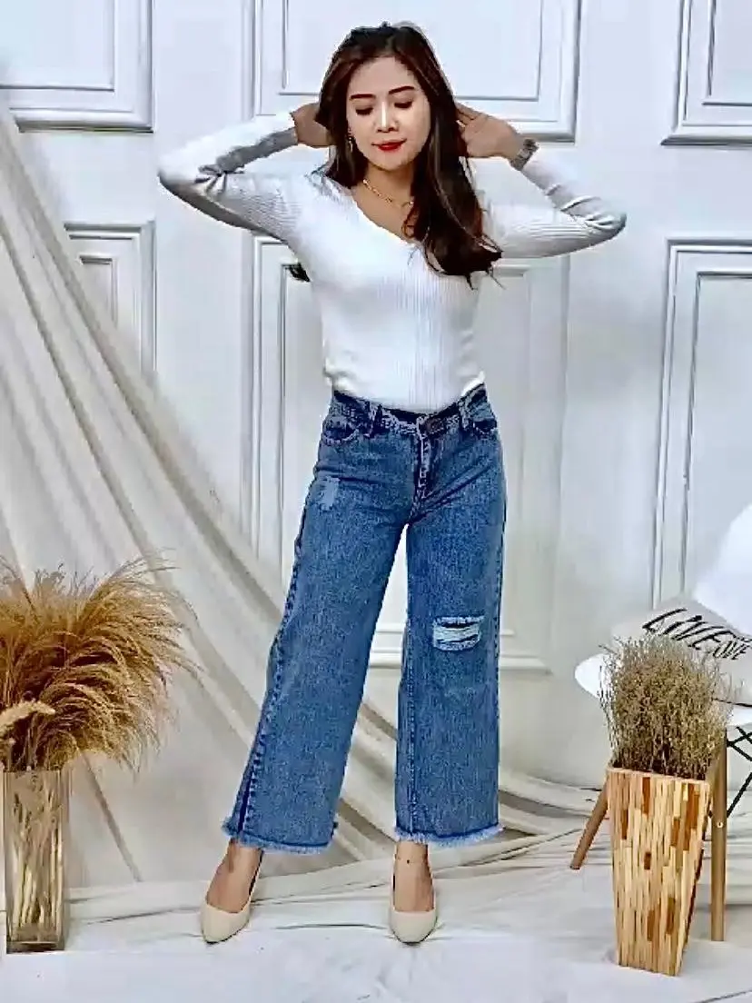 Celana Jeans Kulot Sobek Lutut Wanita  Rawis Blue Snow Dan Black Snow