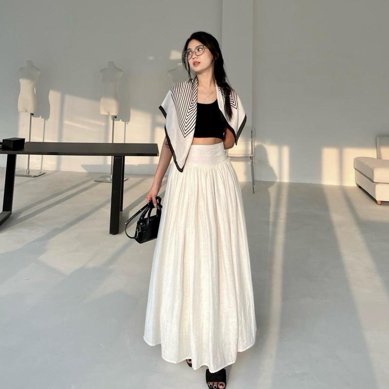 Chân váy Nữ nhún hack eo linen vân gỗ dài 95cm thiết kế Dens.clothing Women