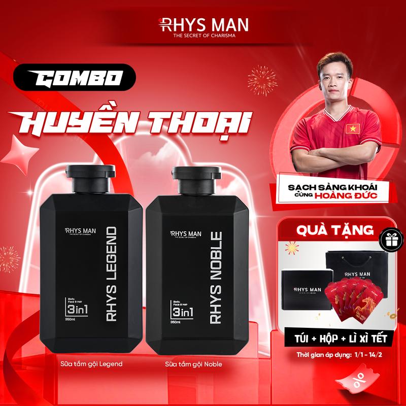  Combo Huyền Thoại RHYS MAN - Sữa tắm gội nam 3in1 Rhys Legend 350ml | Tặng 1 set Hộp & Túi Dưỡng Thể 