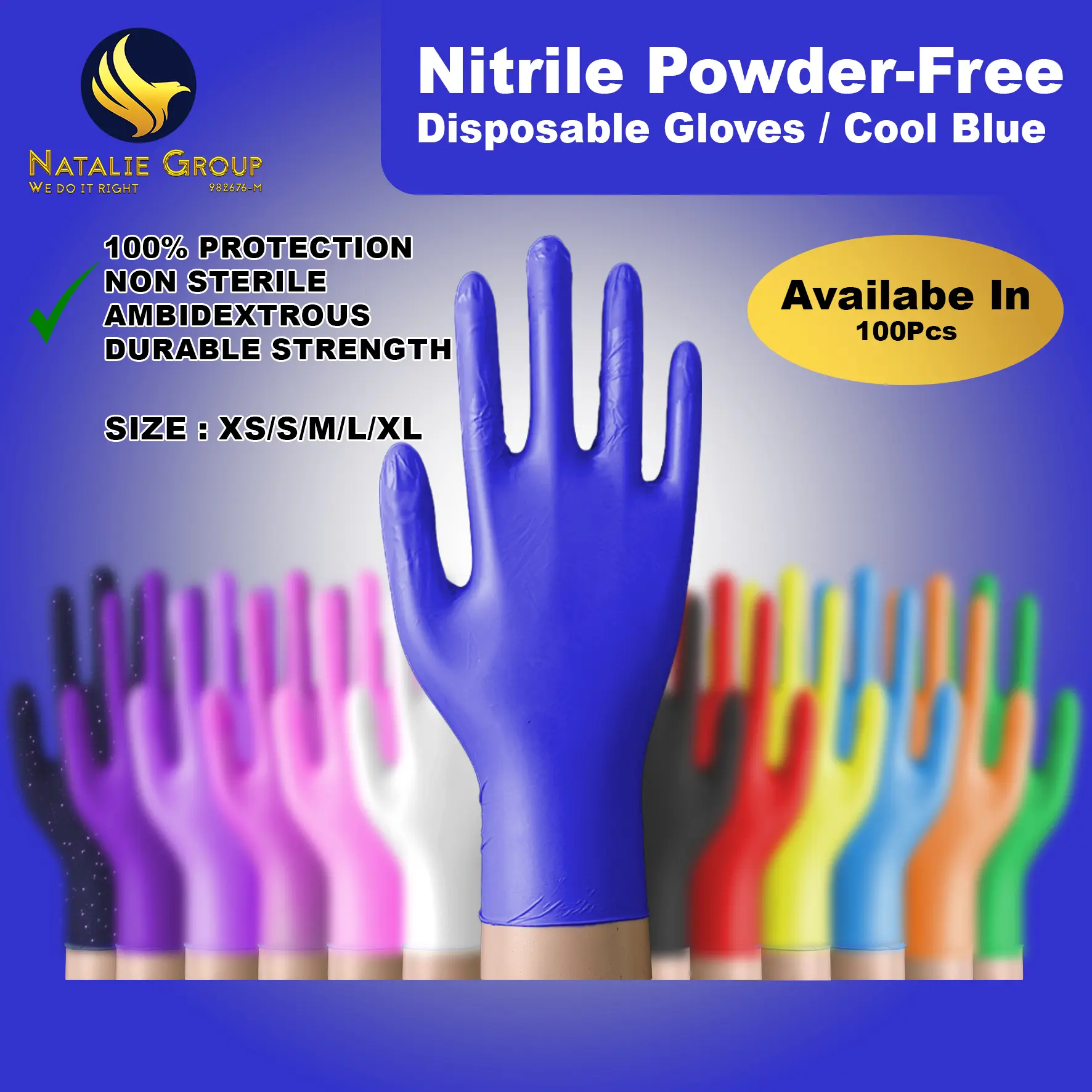 100 PCS Nitrile Powder Free Gloves Cool Blue Gloves for restaurant spa beauty center salon clinic massage tattoo