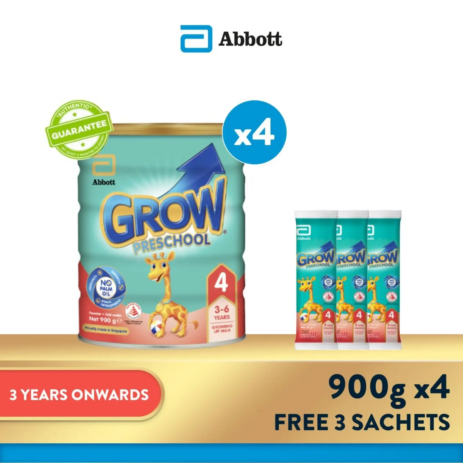 [Bundle of 4] GROW Growing Up Milk for Kids - Preschool Stage 4 (3 years onwards) - 900g