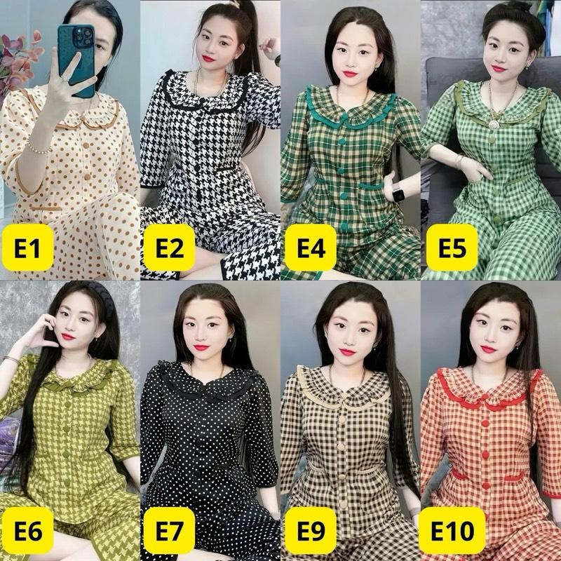 Mã E: Áo tay lỡ chất vải lụa tay lửng áo cánh bướm sọc caro size 40kg - 75kg Đồ bộ mặc nhà quần chín tấc