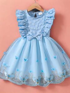 Vestido de niña con patrón de mariposas y lazo decorativo, vestido lindo de cuello redondo para el verano, ropa infantil para uso diario