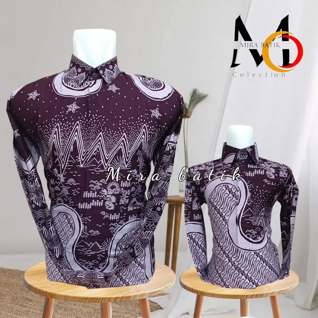batik couple ayah anak warna burgundy bahan katun premium lapis furing by mira batik premium