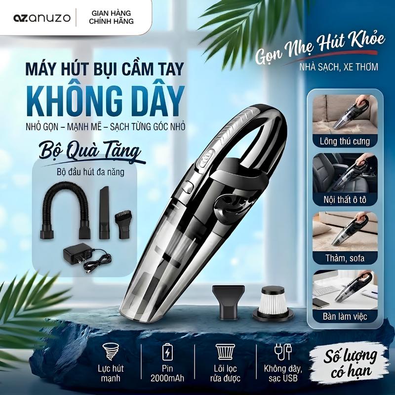 Máy Hút Bụi Cầm Tay Không Dây 5IN1, Lực Hút 18000PA Siêu Khỏe Công Suất 120W, Hút bụi cầm tay không dây