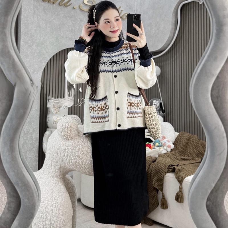 [Mami.closet] set váy len thỏ hàng Qccc, váy len suông phối áo cadigan hoạ tiết thổ cẩm, phong cách hàn quốc cho nữ. Bầu mặc được.