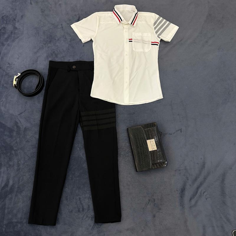  Bộ quần âu nam 4 xọc  đen + áo sơ mi cộc tay thom mới phong cách boy phố 