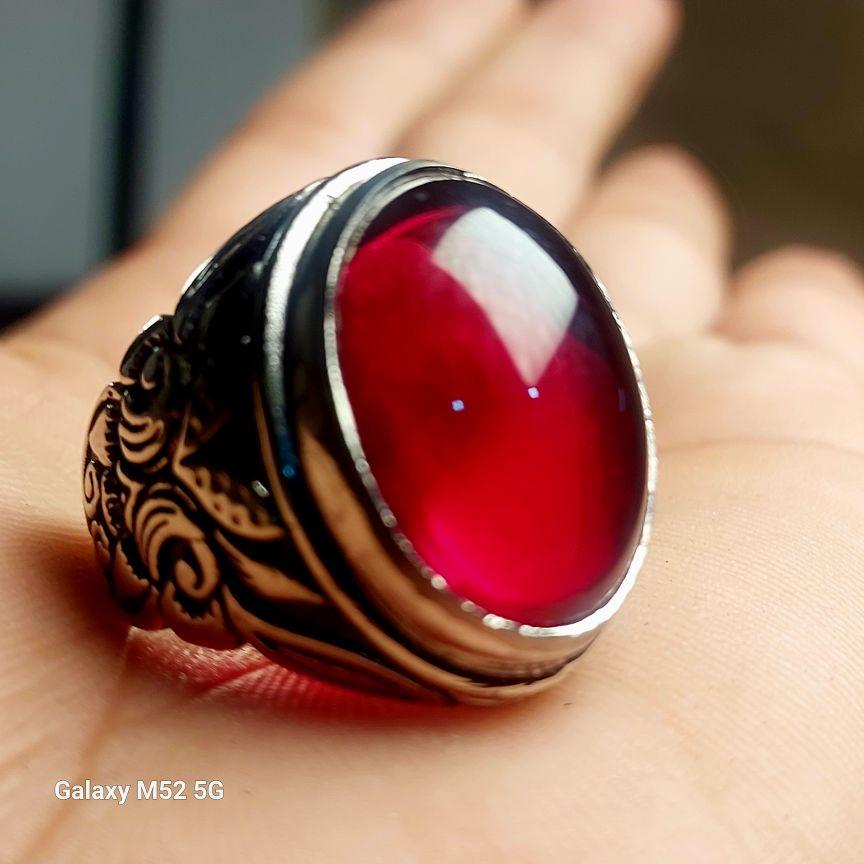 Cincin Siem Jaga Baya Merah Delima Ring Alpaka Super Elegan Dengan Desain Ukiran Elegan Dan Batu Permata Merah Delima