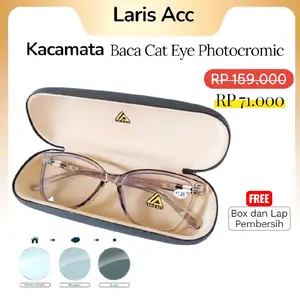Laris Acc Kacamata Baca Plus Model Cat Eye Wanita Perempuan Lensa Photocromic Bisa Berubah Jadi Hitam Gratis Box dan Lap Warna Abu-Abu Peach