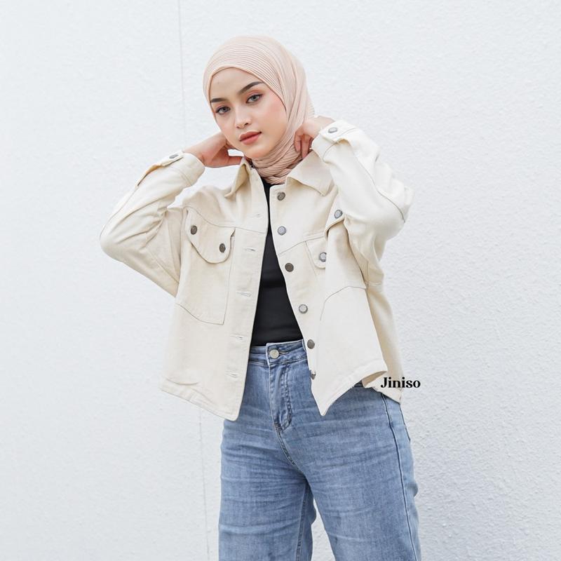 JINISO Jaket Crop Jeans Oversize Pocket Khaki 6