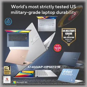ASUS Vivobook 14 A1404VAP-VIPS5151M Intel Core i5-120U 16GB DDR4 512GB SSD Windows 11 Home Microsoft 365 Basic Layar 14.0 FHD USB Type-C HDMI 1.4 Garansi 2 Tahun Quiet Blue Baterai 42WHrs Keyboard Chiclet Backlit - Laptop, Ram