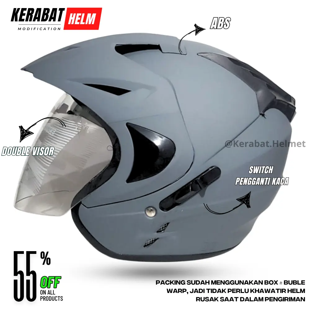 HELM HALF FACE ORIGINAL INK PRIA DEWASA SUDAH DOUBLE VISOR SNI KACA BENING HELMET JPX FNK PREMIUM