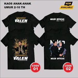 PRISAI STORE Kaos Anak-Anak VALEN MILEN Pria Wanita Size 2-10 Tahun Bahan Cotton Combed 24s Premium Unisex Hitam Soft Polos Combed