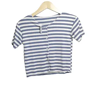 CROP TOP LENGAN PENDEK MOTIF GARIS GARIS KOREAN STYLE Wanita Atasan Baju Kaos Lembut Nyaman