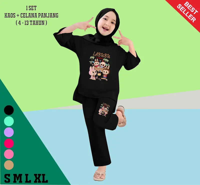 Setelan Kaos Anak Perempuan Celana Panjang Labubu Cafe Fashion Usia 4-13 Tahun Baju 5