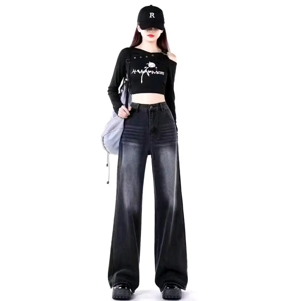 Hightwaish Jeans Losse //celana jeans premium  Panjang Hitam