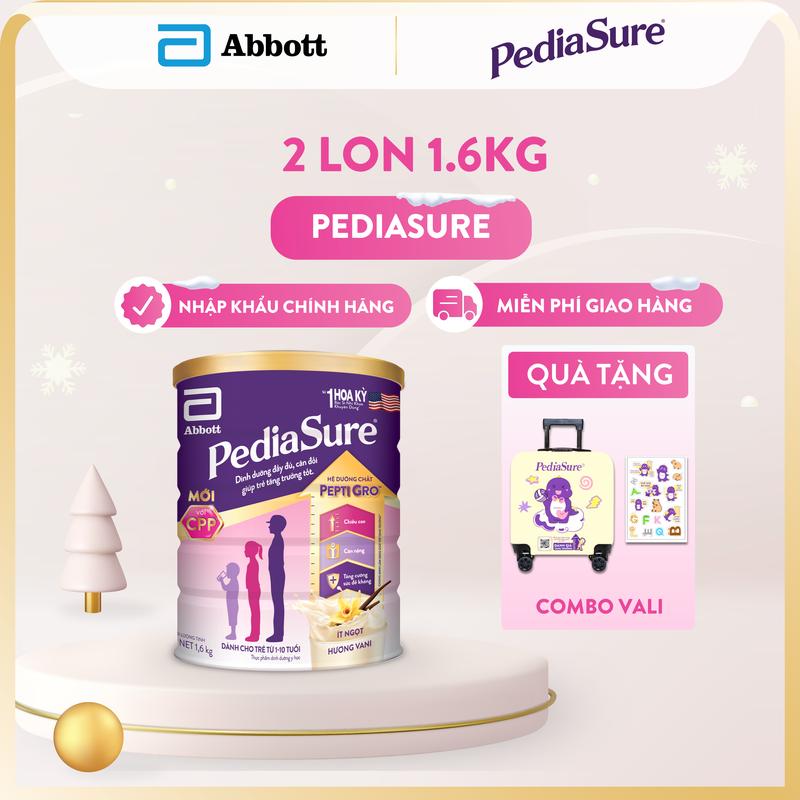 TẶNG COMBO VALI VÀ STICKER PEDIASURE Combo 2 lon sữa PediaSure chính hãng dạng bột hương vani ít ngọt 1.6kg