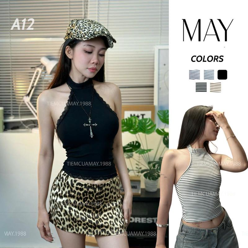  A12 - Áo Thun Cổ Yếm Hở lưng Phối Ren Cổ Lọ Cài Nút Cá Tính Fit Body 