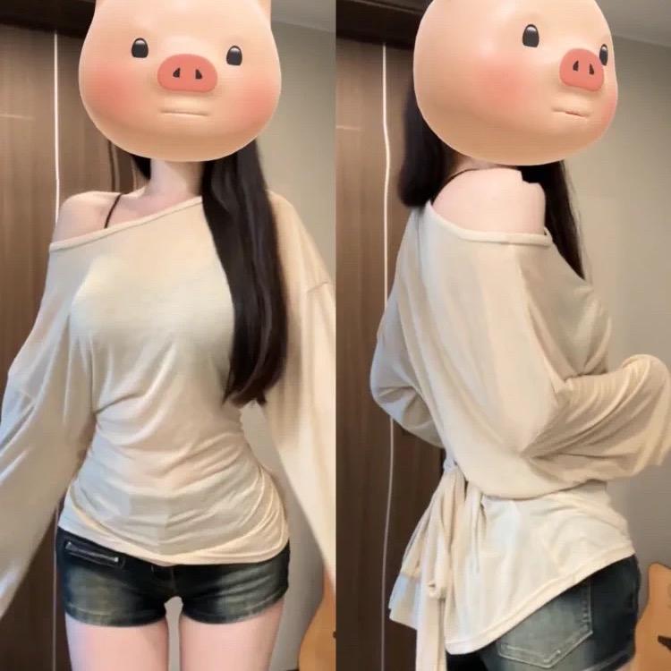  Áo kiểu thun giấy lệch vai TẶNG KÈM áo yếm  KO MÚT NGỰC  tay dài Hàn Quốc siêu xinh nữ 