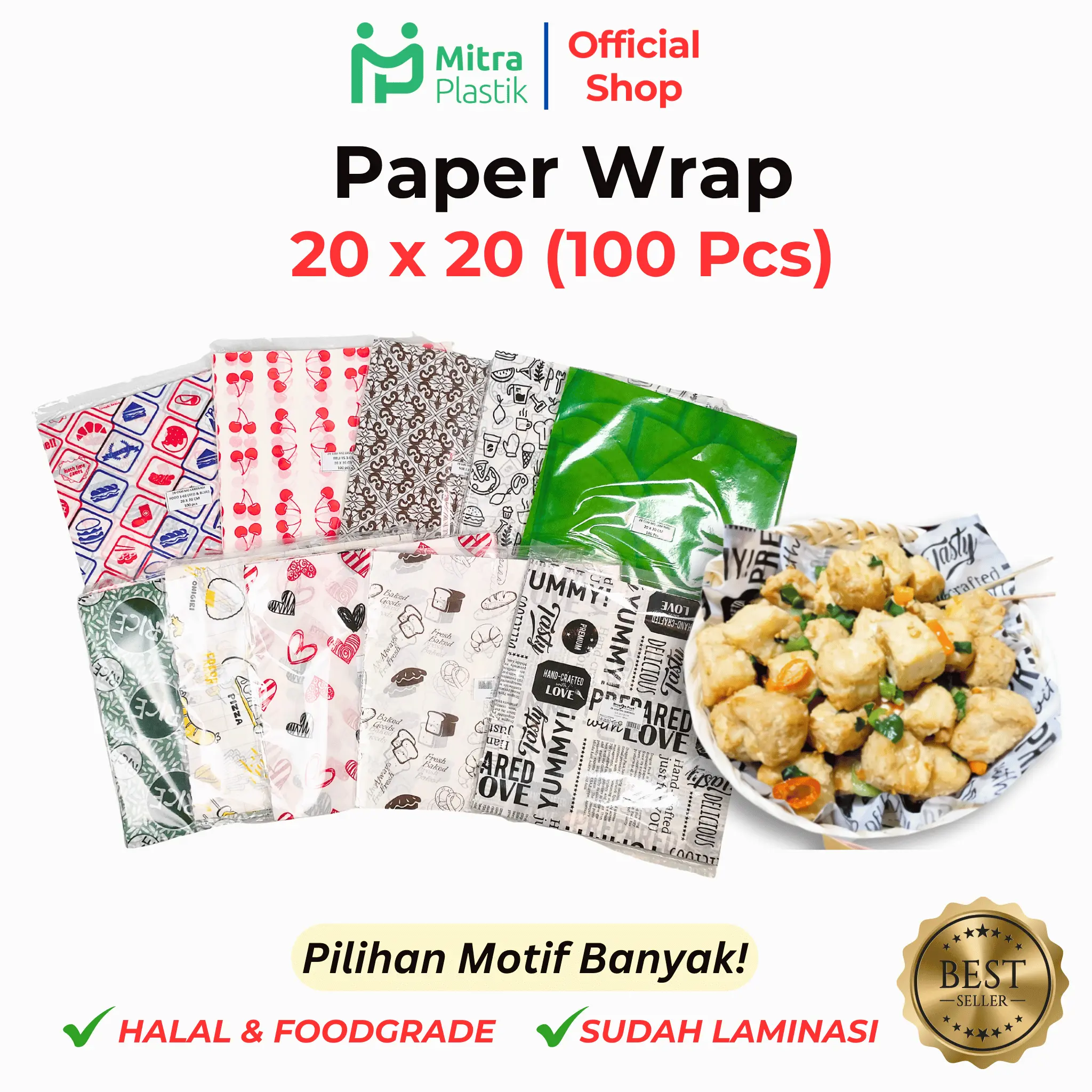 Kertas Nasi Motif 20x20 cm Paper Wrap 100 pcs Printing Laminasi Food Grade Burger Kebab Dragon Pack Koran Roti Yellow Love Daun