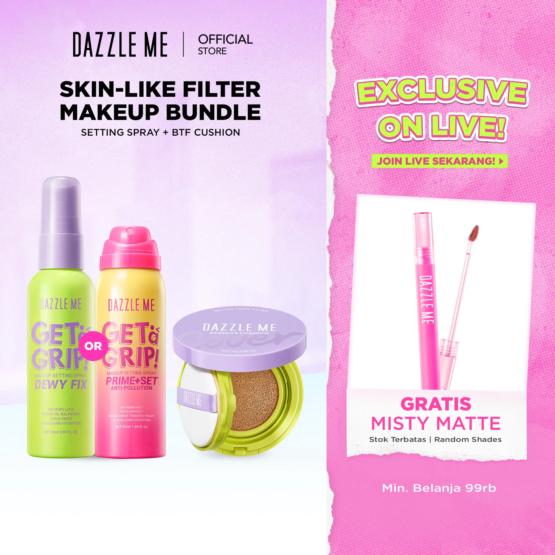 [DAPAT 2PCS] DAZZLE ME Skin-Like Filter Makeup Bundle Cushion Makeup Setting Spray Bundle Beginner Longlasting Makeup