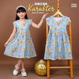 Dress Anak Perempuan Karakter Full Bahan Mikro Halus - Model Midi Aksen Kerah Nyaman Anti Nerawang nyaman dipakai