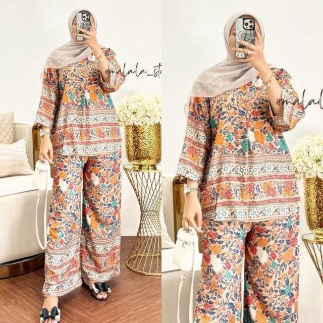 Setelan Wanita Oneset Wanita Setelan Rayon Celana Kulot Atasan Rempel Bahan Rayon Motif Adem Dan Nyaman  Baju Dewasa Remaja Panjang Santai Muslim Bawahan Lembut hitam Busui Rayon Premium Exclusive Kekinian Lebaran Atasan Wanita Celana Kulot