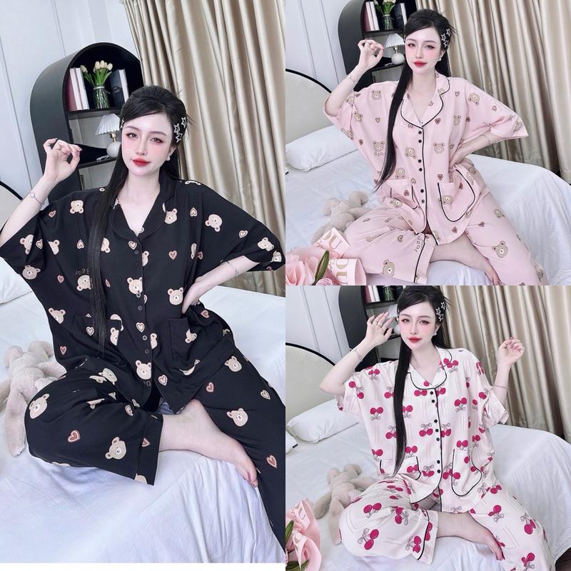 Đồ ngủ Bigsize 50-100kg dài cánh rơi chất lụa hàn mềm mát, áo form rộng tay lỡ quần dài dễ thương  Nhung Nữ Voi lưng mặc dobo pijama pijama  lụa cổ pijama  lụa sen mango