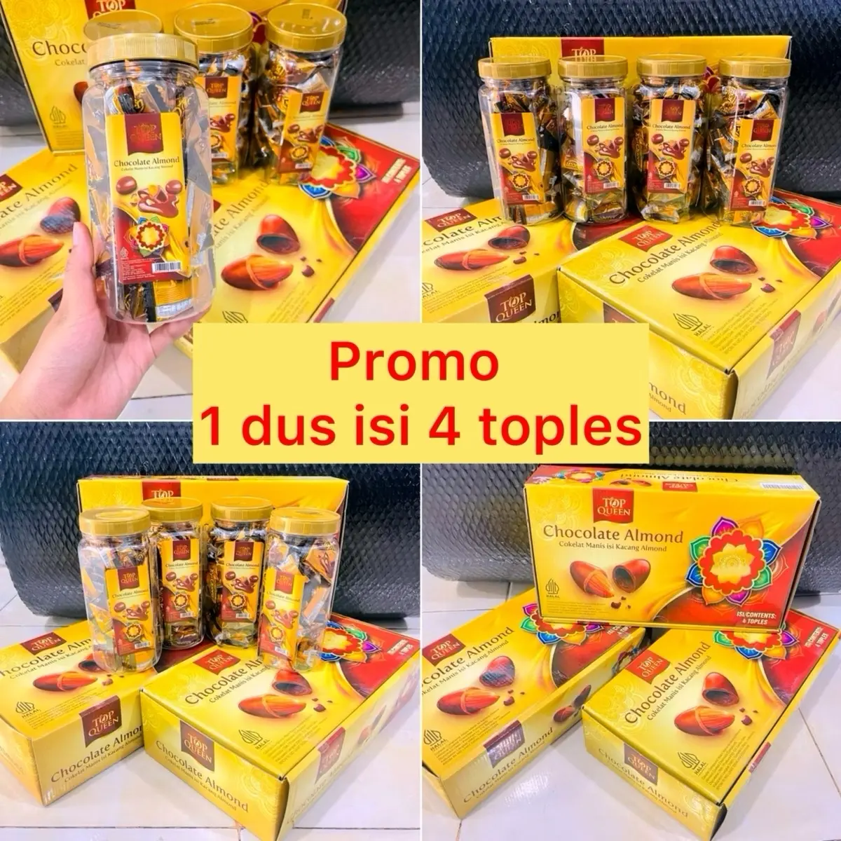 (1 Dus) TOP QUEEN Cokelat ALMOND Dus isi 4 Toples dan Toples Kue Lebaran Biskuit salut coklat bentuk bola mini