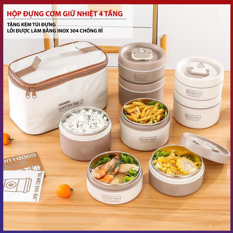  Hộp Đựng Cơm Giữ Nhiệt 4 Tầng Kèm Túi Đựng Lõi Inox Cao Cấp Chống Rỉ Tiện Lợi Dễ Sử Dụng 