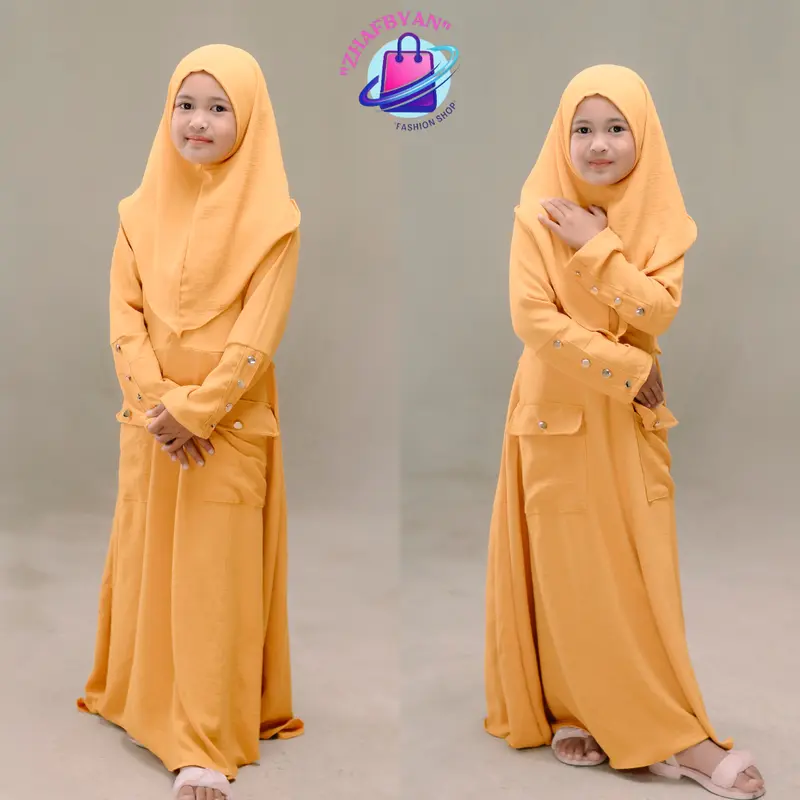 Gamis Abaya Anak Set Hijab 4th - 13th Model Tangan Kancing - Setelan Baju Dress Muslim Lebaran Syari Remaja Wanita Panjang Putih Hitam Crinkle Airflow  Navy Hijau Mustard Maroon 2