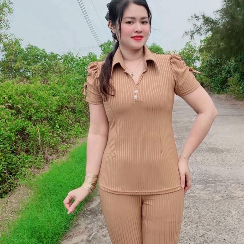 Đồ bộ thun sọc đủa cổ sơ mi phối nơ xinh quần dài ống ôm size 2345 từ 45-75kg