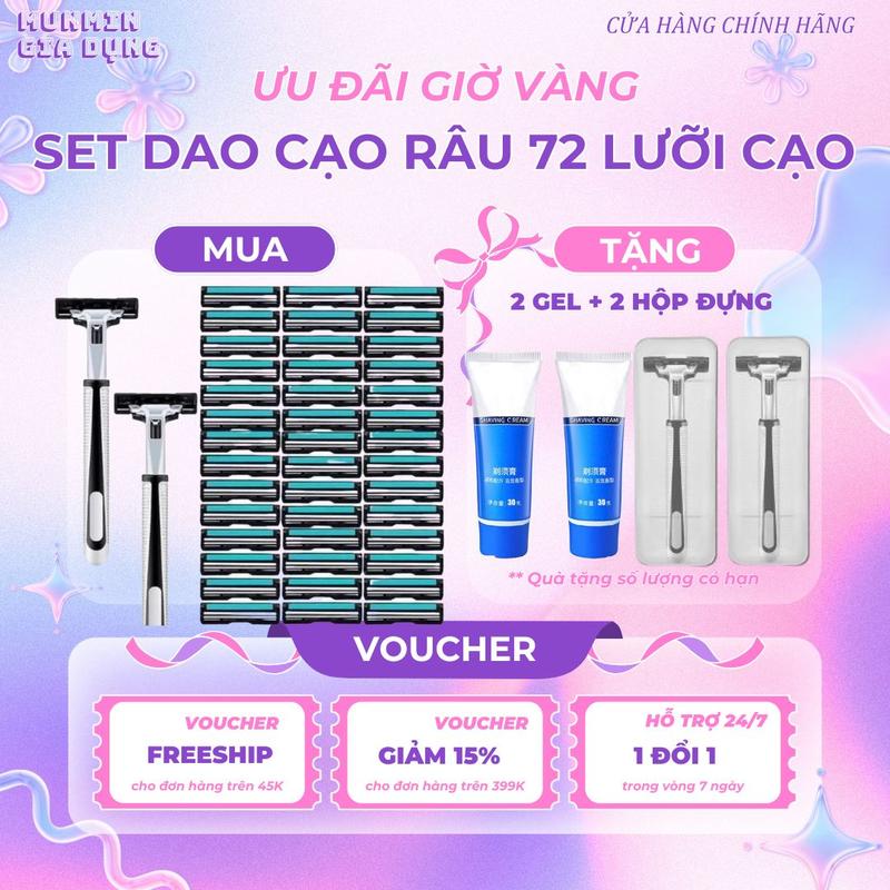 SET DAO CẠO RÂU TẶNG 72 LƯỠI THAY + TẶNG 2 GEL MỀM RÂU + 2 THÂN CẠO INOX BỌC CAO SU