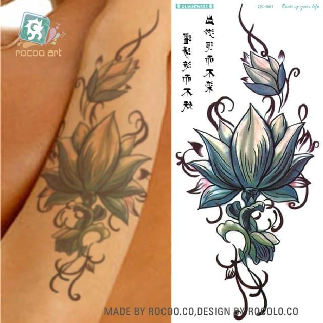 Sticker Stiker Bunga Angry Lotus Hijau - Tato Temporer Tubuh - Tattoo Tatto Temporary Kering Tahan Air Sementara Anti Air - Seri QC-661 Wanita 6