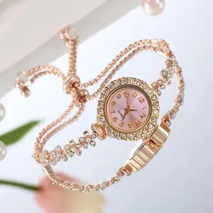 Jam Tangan Wanita Tali Rantai Serut Motif Daun Full Diamond  style korea Watches jam  tangan manik