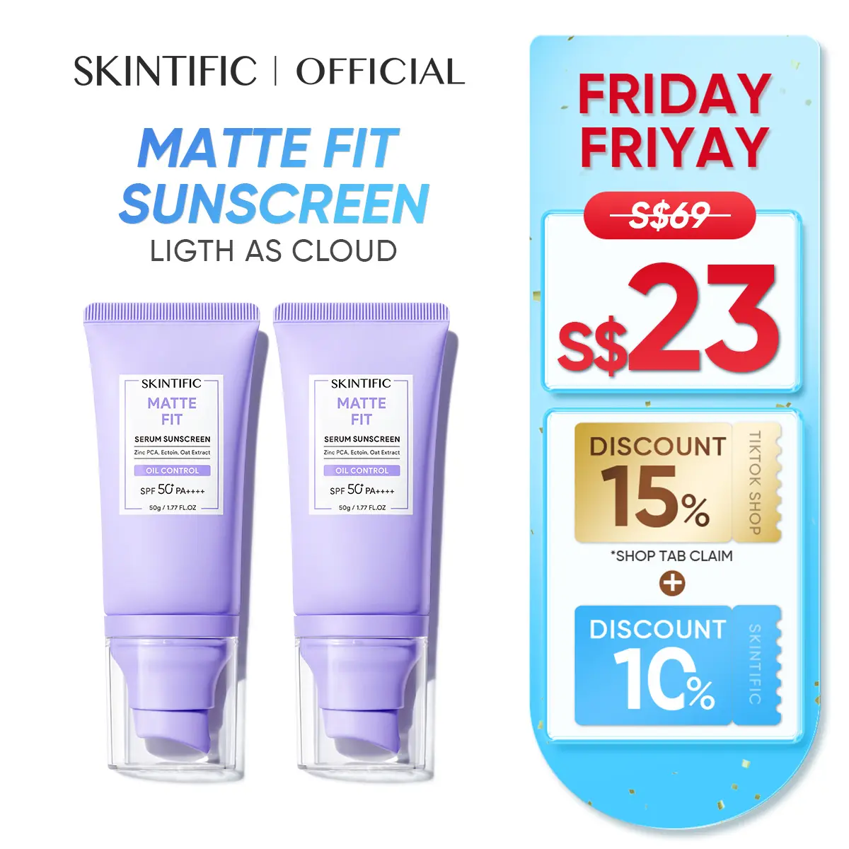 [SKINTIFIC OFFICIAL] SKINTIFIC Matte Fit Sunscreen 30g/50g Oil Control Pore-Fection Serum Sunscreen shine free Skin Repair with SPF 50+PA++++ Facial Skincare