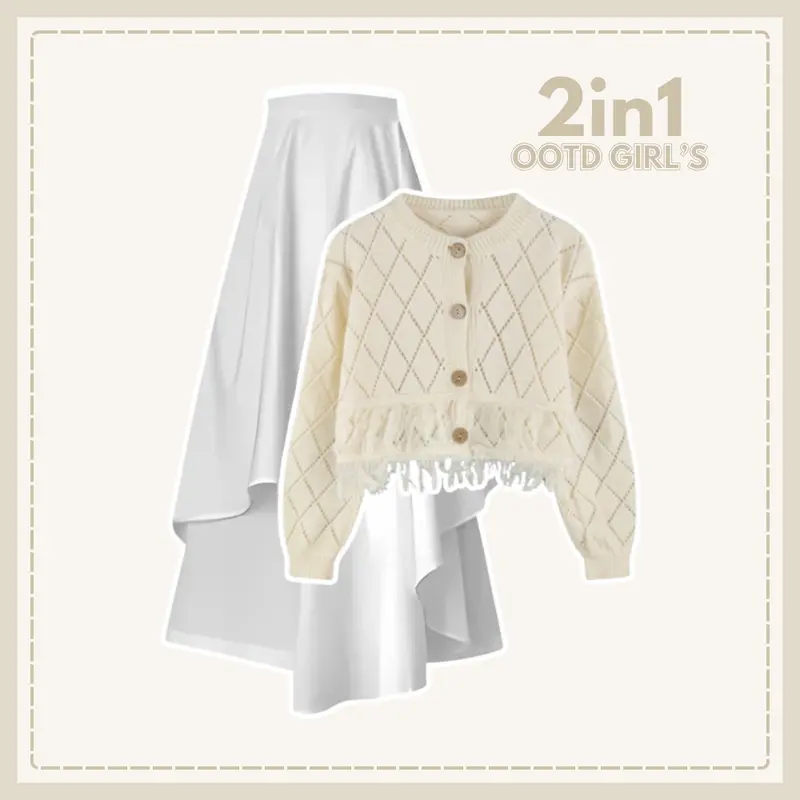 OOTD Wanita Girl'ds 2in1 Korean Style Nyaman | Cardigan Rajut Rawis + Rok Susun Putih Panjang EA103 one set vintage 4