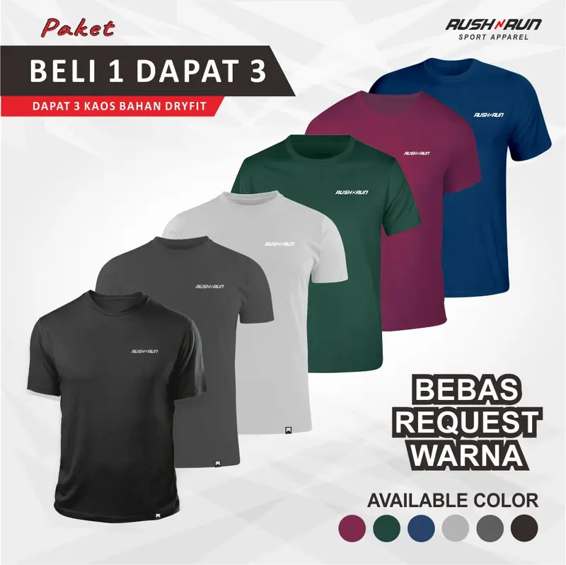 Paket 3 Kaos Rush n Run Baju Olahraga Lari Gym Pria Bahan Dryfit Dingin di Kulit Cepat Kering Abu 0