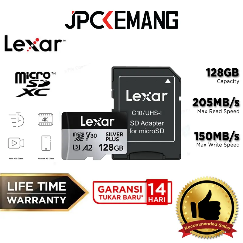 Lexar MicroSD Silver Plus 128GB 205MB/s UHS-I MicroSDXC Micro SD Memory Card 128 GB GARANSI RESMI