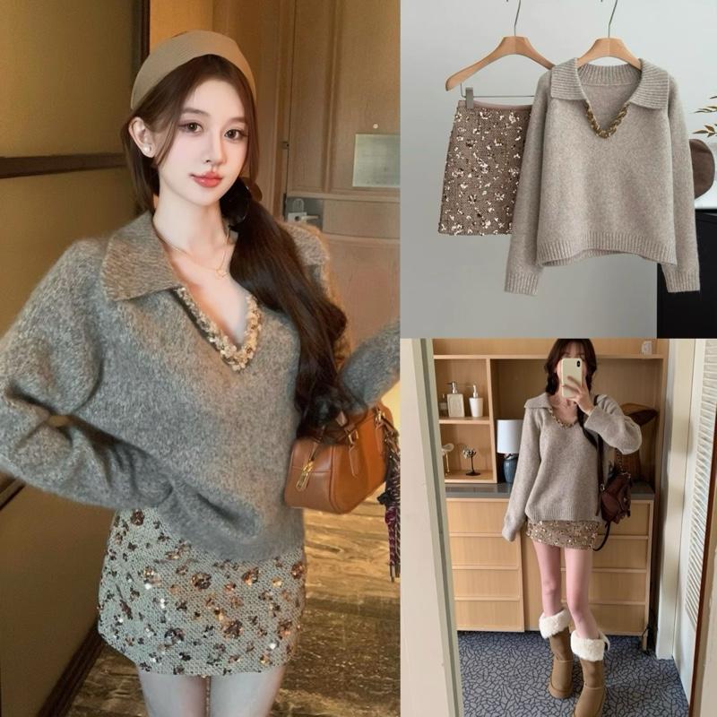 Hàng QCCC L1 Order 7- 10 Ngày Set Áo Len Chui Đầu Cổ Chữ V Nhũ Đính Đá Và Chân Váy Dạ Kim Sa Sành Điệu Phù Hợp Noel Lễ Tết Dành Cho Nữ Women Dress By BA68