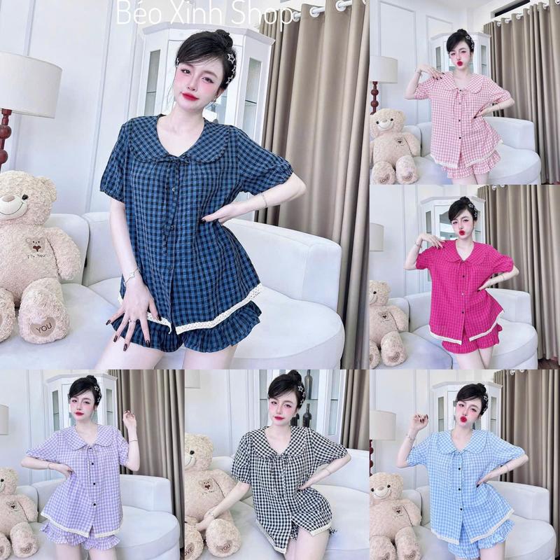 Đồ Bộ - Đồ Ngủ Quần Áo Đùi Xốp Caro Tiểu Thư Cổ Bèo Pijama Bigsize 50-100kg Bộ Ngủ Nữ Nhung Lịch Women Quần Ngủ - A.5043