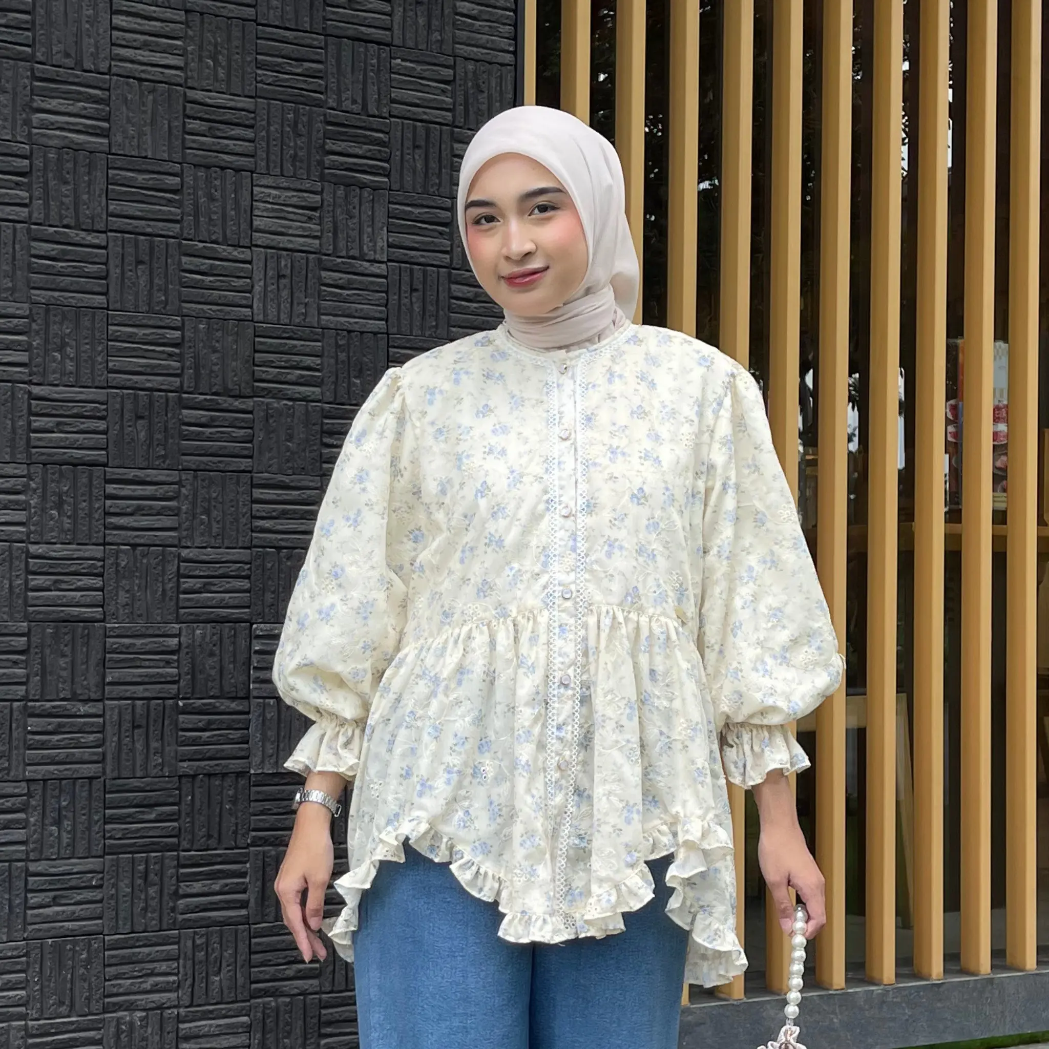 Eclemix Top Hyona | Atasan Wanita Blouse Ruffle Lengan Balon | Pakaian Casual