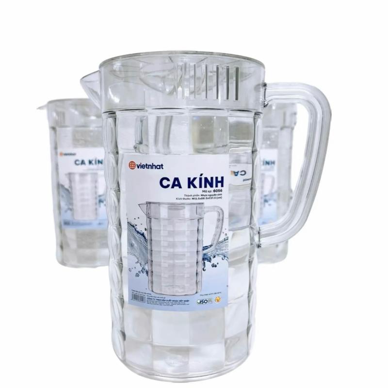 Combo 2 Bình đựng nước ca kính chịu nhiệt 2L nhựa Việt Nhật trong suốt có quai cầm nhựa kính dày dặn 6056