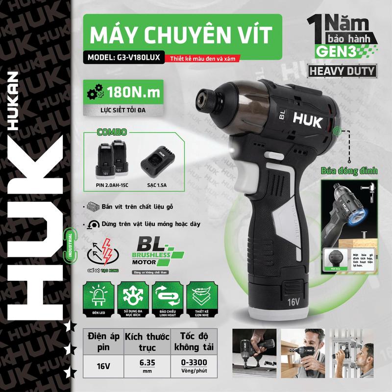 [NEW] MÁY CHUYÊN VÍT HUKAN GEN 3 180N,G3-V180LUX, pin dòng xả cao 15C cao cấp chân pin HM16, bộ 2 pin 1 sạc chuyên tải nặng
