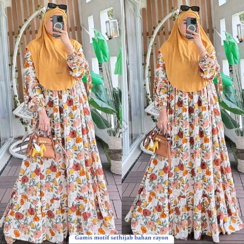 Gamis Rayon Set Hijab jumbo busui Gamis Busui Friendly Rayon Diamond Kekinian Free Hijab  Gamis Motif Long Dress Set Hijab 2